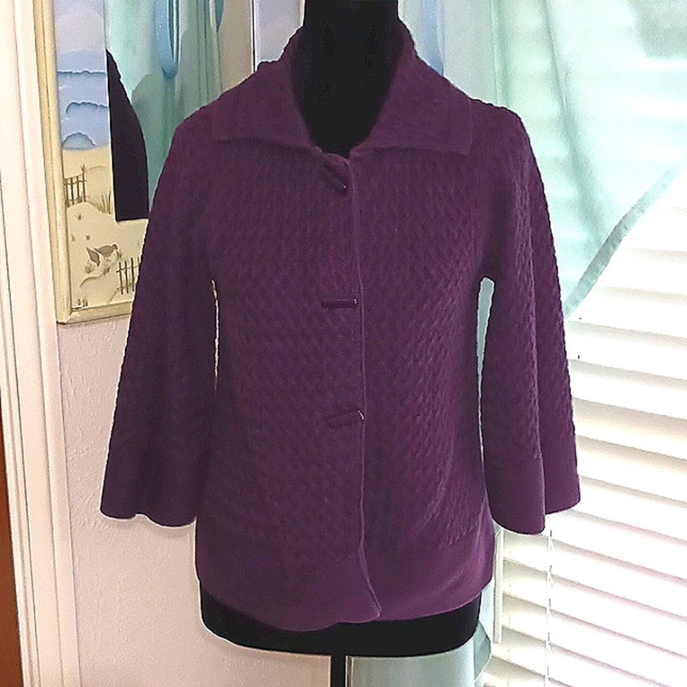 Live a Little M purple cardigan 3/4 sleeves, cute chunky buttons, good condition